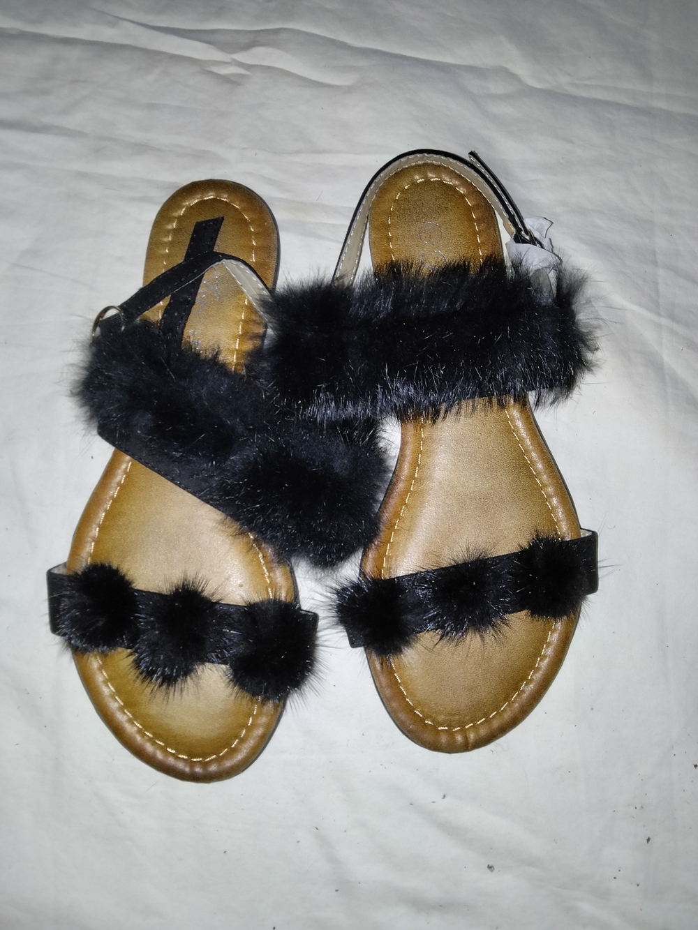 Source Unknown Black Faux-Fur Strap Sandals